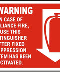 Fire Emergency Safety Sign Aluminum Metal Plaque 8x12 Inch with fire extinguisher icon and warning text in red and white