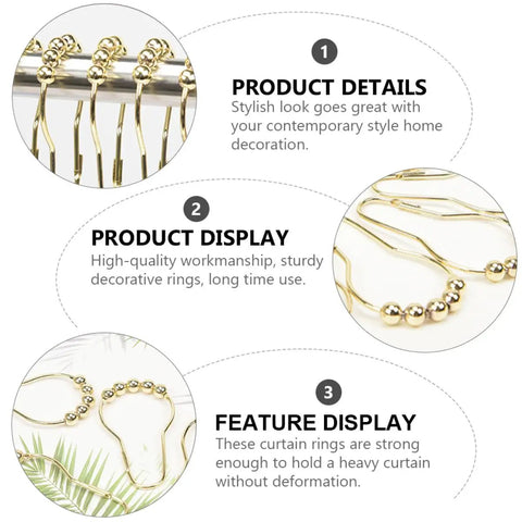 Gold Stainless Steel Shower Curtain Rings 24 Pack With Five Bead Gourd Design Smooth Glide Hooks for bathroom details display