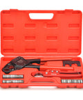 Angle PEX Crimping Tool Kit For One Half Inch And Three Quarter Inch PEX Rings With Go No Go Gauge And PEX Pipe Cutter Includes Copper Rings Fits US F1807 Standards Pro Grade PEX Plumbing Set in red case