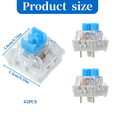 Blue Clicky 3 Pin Mechanical Keyboard Switches Set For Gaming Keyboards, Dustproof 45 Pack, 50gf Actuation, 2.2mm Point, 4mm Travel, Crisp Tactile Feedback, Replacement Keys For Fast Typing And Gaming, 1.8cm size