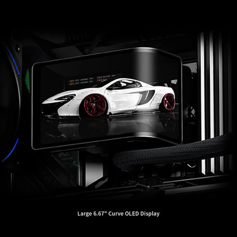 Wonder Vision 360 Turbo ARGB Black CPU Water Cooler with 6.67-Inch 3D Curved Screen Displaying White Car