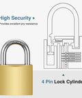 Illustration of Two Pack Keyed Padlocks Waterproof 33mm Locker Locks with internal 4 pin lock cylinder diagram.
