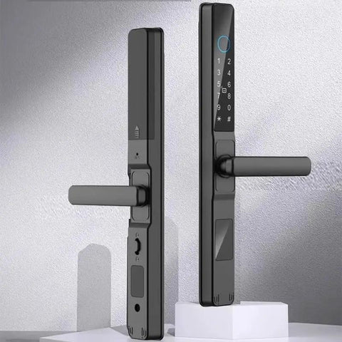No Sweat Smart Fingerprint Lock With Phone App Control And IP65 Waterproof Build For Push Pull Handles And Sliding Doors Keyless Entry Electronic Deadbolt Touchscreen Keypad Quick Setup Tight Home Security, black finish, modern design