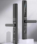 Straight Up Solid Smart Fingerprint Door Lock With Ip65 Waterproof App Control And Illuminated Touchscreen Keypad For Push And Pull Sliding Front Doors Quick Install, black finish, side view, showcased on pedestal.