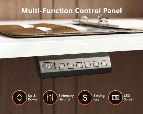 Electric L-Shaped Standing Desk With Monitor Stand And Built In Power Outlets 59 Inch Height Adjustable Sit Stand Desk For Home Office A Real Workhorse Lift Table For Workstation White showing control panel with LED display