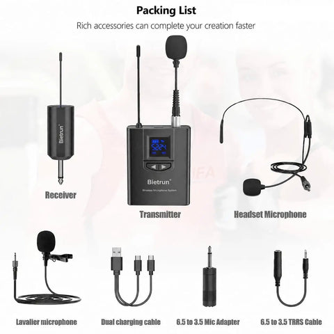 UHF Wireless Lavalier Microphone System With 165 Foot Range Rechargeable Transmitter And Receiver One Quarter Inch Output