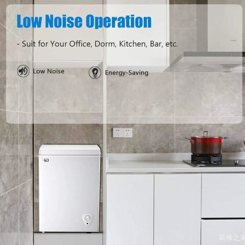 3.5 Cubic Feet Deep Chest Freezer With Adjustable Thermostat Compact Freestanding Mini Freezer In Black in a modern kitchen setting.