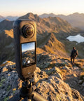 X4 Air 360 Action Camera With Lightweight Dual Lens Waterproof 8K Stabilization capturing mountain scene, tripod mounted.