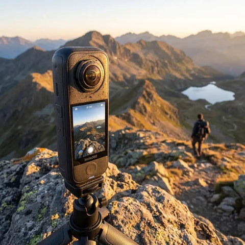 X4 Air 360 Action Camera With Lightweight Dual Lens Waterproof 8K Stabilization capturing mountain scene, tripod mounted.