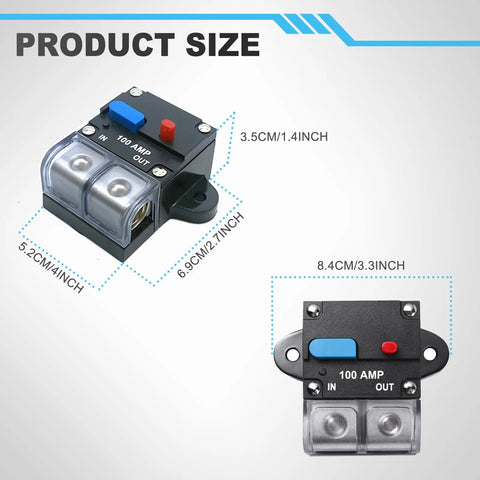 Heavy Duty 100 Amp Circuit Breaker With A No Hassle Manual Reset Lever Waterproof Housing And Rock Solid Terminals Rated For Rvs Boats Trolling Motors Truck Gear Solar Banks And Dc Battery Pack Installations, size comparison with measurements.