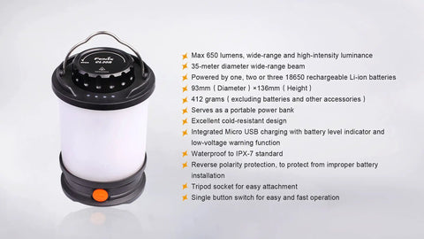 CL30R Camping Lantern With 650 Lumens, USB Rechargeable, 3x 18650 Batteries, shown with key features listed beside it