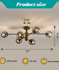 6-Light Sputnik Gold Ceiling Light Fixture With Glass Globe, Semi-Flush Mount, shown with dimensions and features
