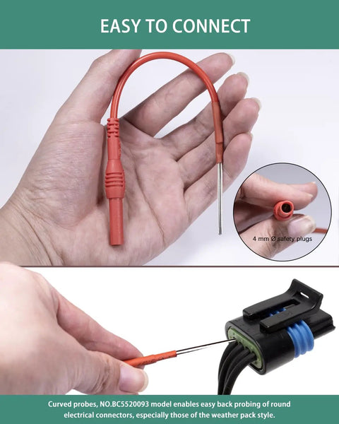 Hand holding Flexible Silicone Spoon Back Probes for Automotive Wiring 4mm Banana Plug Test Leads Compatible 2 Pack Weather Pack and Deutsch Style Back Probe Pins