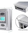 Beefy 100 Amp MPPT Solar Charge Controller With 100V Max Input, LCD display, auto battery detect, metal casing, side and front view