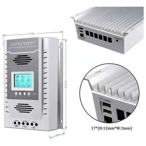 Beefy 100 Amp MPPT Solar Charge Controller With 100V Max Input, LCD display, auto battery detect, metal casing, side and front view
