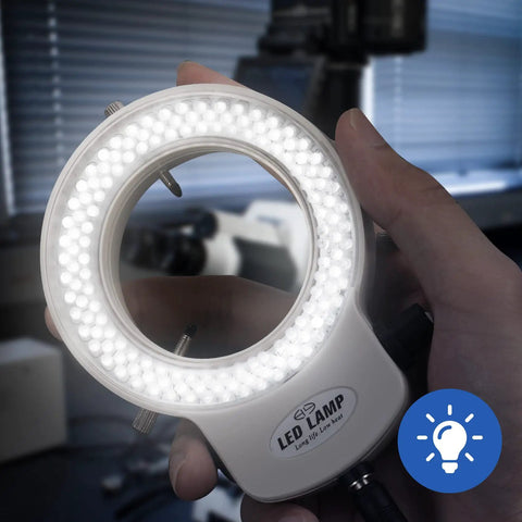 144 LED Non Flashing Microscope Ring Light With Adjustable Illuminator And Protective Cover For Microscopes Cameras And Mini Lathes White Shadow Free Illumination Stepless Dimmer For Pro Grade Brightness, hand-held white LED ring light