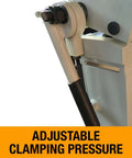Close-up of 72-Inch Manual Sheet Metal Brake adjustable clamping pressure mechanism for 22 gauge steel and 20 gauge aluminum.