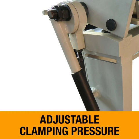 Close-up of 72-Inch Manual Sheet Metal Brake adjustable clamping pressure mechanism for 22 gauge steel and 20 gauge aluminum.