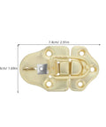 Close-up of a golden metal hasp latch measuring 7.4cm by 4.3cm for toolboxes and trunks in a six-piece set.