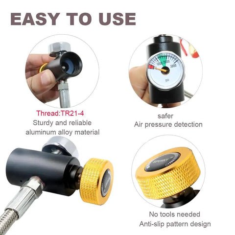 CO2 Refill Adapter Hose Kit With Gauge For No Fuss Home Soda Maker showing aluminum body, pressure gauge, valve detail