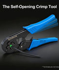 Self-Adjusting Crimping Tool For Square Four-Sided Crimps With Auto Jaw Alignment, blue handle, shown on black background