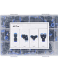 Jiawu 40 Piece Push To Connect Pneumatic Fitting Kit With Splitters Elbows Tees And Straight Connectors For Air Tubing Projects Versatile All Inclusive Toolset Perfect For Any DIY Job in clear storage case