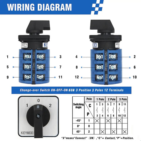 63A Rotary Change Over Switch With Copper Cable Connector 660V Three Position Three Phase Cam Switch 12 Terminals diagram