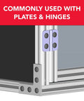 Slide In M8 T Nuts For 1.5 Inch, 40mm And 45mm Aluminum Extrusions, Steel ST50 With Zinc Finish, shown in frame assembly with plates and hinges
