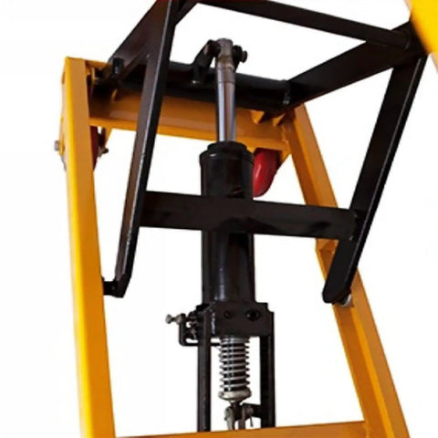 Close-up view of Rock Solid Heavy Duty Portable Hydraulic Scissor Lift Truck featuring smooth elevation mechanism and heavy-duty construction.