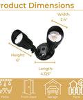 Diagram of Led Black Two Light Bullet Flood Light 3000K Adjustable Dual Head Outdoor Security Spotlight dimensions and uses