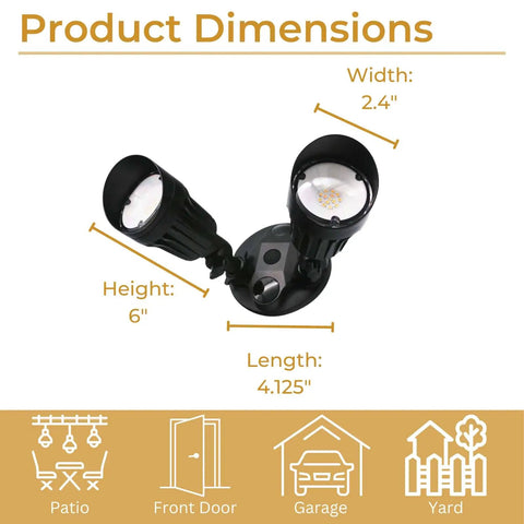 Diagram of Led Black Two Light Bullet Flood Light 3000K Adjustable Dual Head Outdoor Security Spotlight dimensions and uses