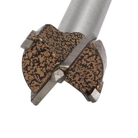Close-up of Aexit 21mm hinge bore bit with alloy cutting head and steel shank.