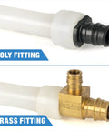 Image comparing poly fitting and brass fitting for PEX Expansion Tool Kit With Auto Rotation Expander Heads One Half Inch Three Quarter Inch One Inch For PEX A Cold Expansions No Torch Glues Solder Or Flux ProPEX Wirsbo Compatible With Carrying Case.