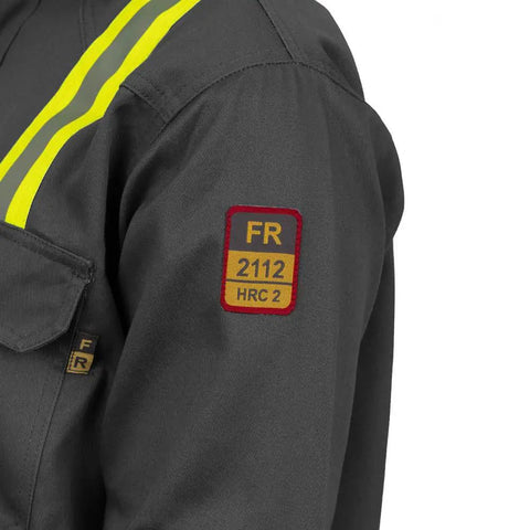 Hi Vis Flame Resistant Shirt for On The Job Protection, Arc Flash Ready, 7 Oz 100% Cotton, NFPA 2112 HRC 2, dark gray, sleeve detail