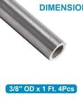 3/8 inch OD seamless 304 steel tubing, 1 ft length