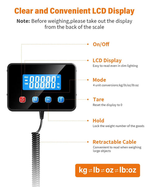 Digital Shipping Scale Half Ounce To 440 Pound High Accuracy Postal Scale LCD display and control buttons close-up.