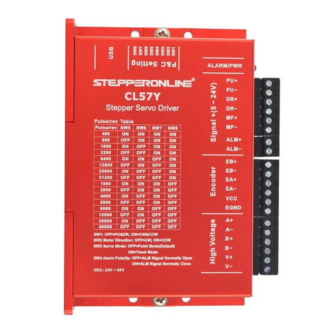 CL57Y driver from Boss Level 1 Axis Closed Loop Stepper CNC Kit with settings table on red casing