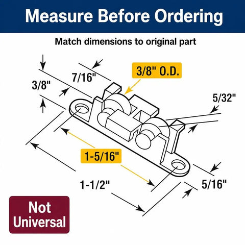 Top Tier Sliding Window Tandem Roller Assembly With 3/8 Inch Flat Brass Wheels And White Nylon Mounts For No Fuss Horizontal Slider Upgrades Two Piece Bundle dimensions diagram with measurements and instructions.
