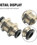 Vkinman bulkhead union fitting, 6mm to 6mm tubes, brass body with push-on O-rings; front, side, and close-up views