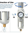 Half Inch NPT Air Filter Regulator Combo Piggyback With 5 Micron Brass Element Semi Auto Drain 0 To 145 PSI Gauge
