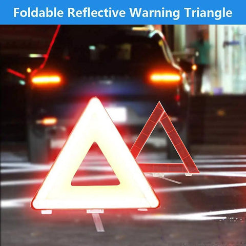 Reflective triangle from Beefed Up Roadside Emergency Kit For Cars And Trucks with a car in the background at night.