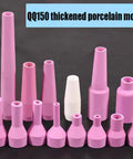 Premium Alumina Ceramic Argon TIG Welding Torch Nozzles For QQ150 QQ350 QQ500 Plus Extra Thick Wall Build Heat And Shock Resistance For Smooth Long Lasting Welds In Any Shop Setup 8 X 73MM Size Pack Of 10, showing various sizes and shapes in pink and white.