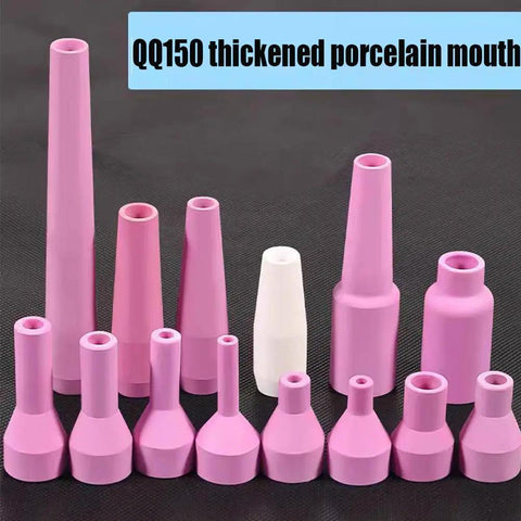 Premium Alumina Ceramic Argon TIG Welding Torch Nozzles For QQ150 QQ350 QQ500 Plus Extra Thick Wall Build Heat And Shock Resistance For Smooth Long Lasting Welds In Any Shop Setup 8 X 73MM Size Pack Of 10, showing various sizes and shapes in pink and white.