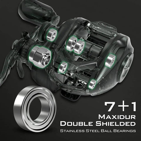 Spartacus II Baitcasting Reel For Anglers Ultralight 6oz with Maxidur double shielded stainless steel ball bearings view.