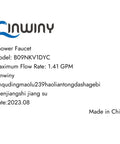 Product label showing Cinwiny shower faucet model B09NKV1DYC details and manufacturing info.