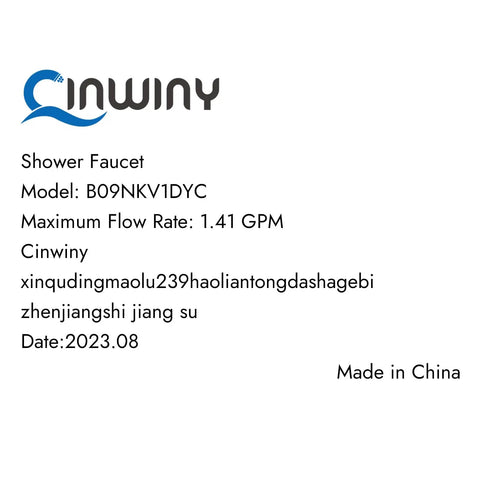 Product label showing Cinwiny shower faucet model B09NKV1DYC details and manufacturing info.