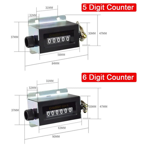 Two Pack Mechanical Counter Kit with one 0-99999 five digit manual tally and one 0-999999 six digit manual counter dimensions.