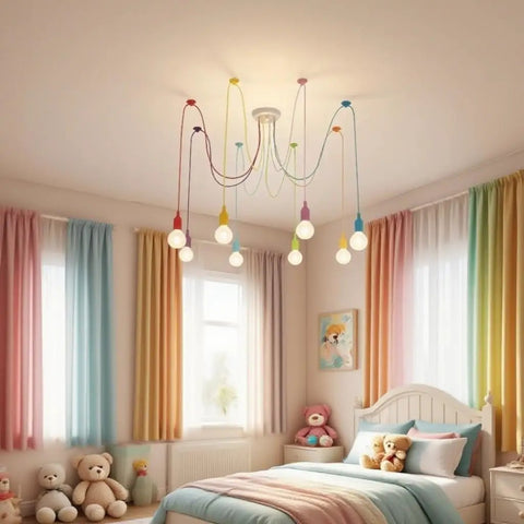 Colorful Eight-Arm Spider Pendant Light Chandelier in Kids Room, Adjustable Hanging Ceiling Fixture, Multicolor Style, E26 Base.