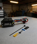 Digital Thermostatic Fan Switch Kit for 12V Motors and EVs Adjustable Temperature Activation 40C to 120C showing relays, wiring, and accessories.