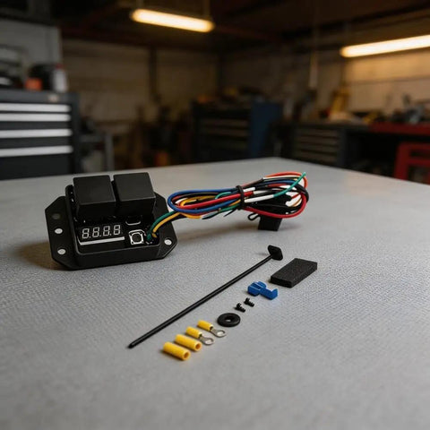 Digital Thermostatic Fan Switch Kit for 12V Motors and EVs Adjustable Temperature Activation 40C to 120C showing relays, wiring, and accessories.